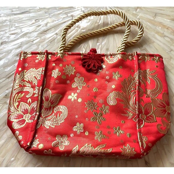 Chinese Bag Small Tote Red Gold Floral New Year Evening Purse Double Handle New - Picture 4 of 5